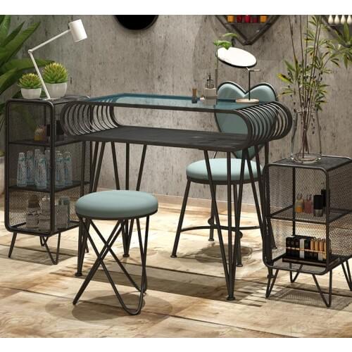 Net red ins black Nordic manicure table, table and chair set, iron art baking varnish, single double three person manicure table