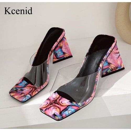 Kcenid Transparent PVC Women Mules New Square Toe Block High Heels Slippers Women Sexy Party Summer Slides Mixed Color Print