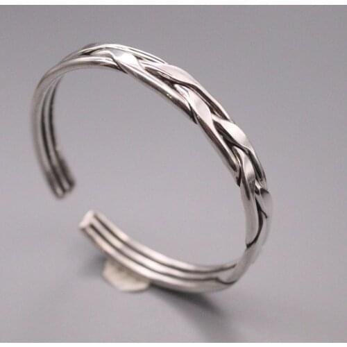 New Pure 999 Fine Silver Bracelet Width 8mm Twisted Woven Pattern Cuff Bangle 55-60mm Adjustable About 29g