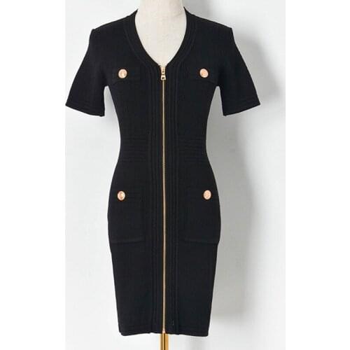 Vintage Sexy Hollow Zip V-Neck Pocket Short Sleeve Slim Knit Mini Dress Black Elegant Fashion Summer Women Party Clothes 2021
