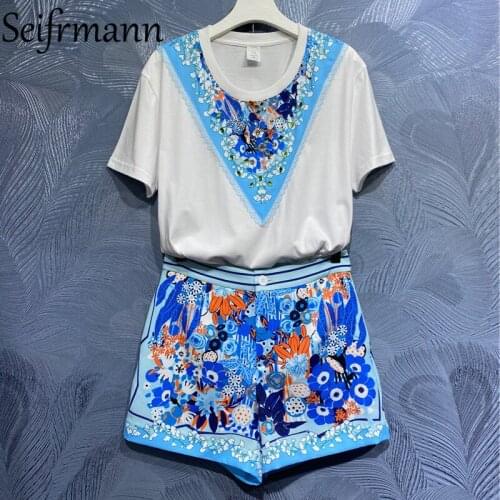 Seifrmann New 2021 Summer Women Fashion Designer Shorts Set Short Sleeve Cotton T-Shirts + High Waist Floral Print Shorts Suits