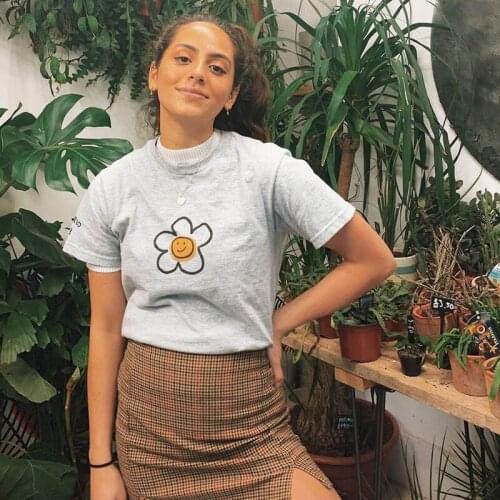 Light Grey Flowers t shirt Women Hip Hop Streetwear Tee Summer Top Cotton Clothes