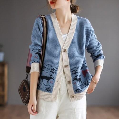 Knitted Cardigan Women Sweater Patchwork Loose v-Neck Sweaters Female Autumn New Arrive Vintage Printing Lady Outwear Top