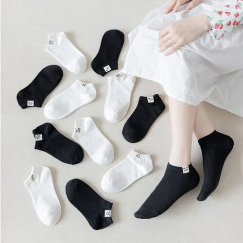 Four Seasons Ladies Lovely Short Socks Cloth Korean Version Shallow Mouth 12 Constellations Black and White Ship Socks