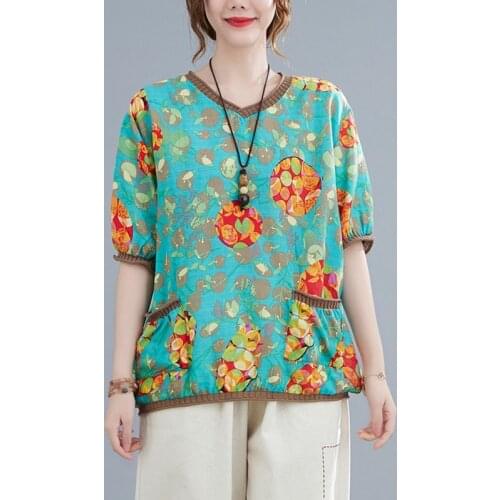 Women Summer Loose Casual T-shirts New Arrival 2021 Vintage Style V-neck Floral Print Female Cotton Linen Tops Tees B180