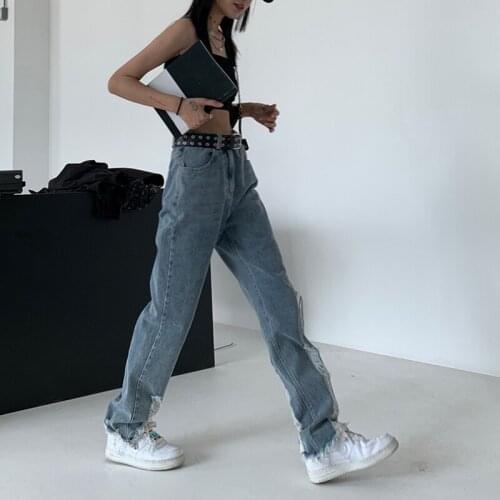 2021 New Womens Fashion Ripped Jeans Trend Streetwear High Waist Wide Leg Jeans Pants Versatile Casual Baggy Denim Trouser