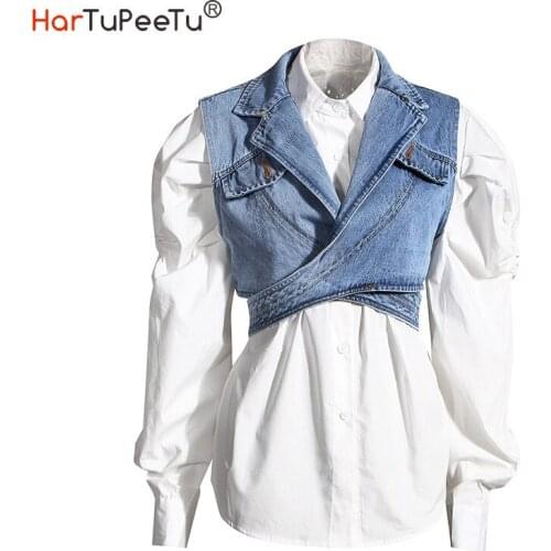 2020 Autumn Women Two-Piece Sets Elegant Work Suit Puff Sleeve White Blouse and Buttons Tunic Waist Jeans Vest