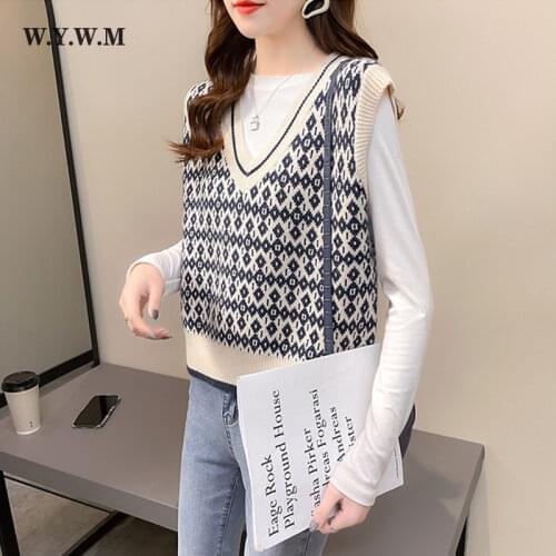 WYWM V Neck Diamond Knitted Vest Women 2021 Korean Cashmere Loose Casual Sleeveless Vintage Sweater Female Autumn Pullovers