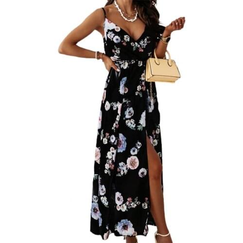 50% Hot Sales Fashion Women Dress Waist Tight Large Hem Floral Print Spaghetti Straps Slit Hem Dress for Party