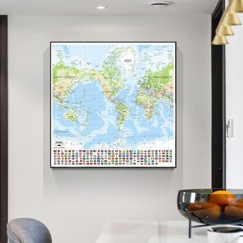 90x90cm Mercator Projection World Map Non-woven Inkjet Non-Smell World Map with National Flag Office School Supplies Maps