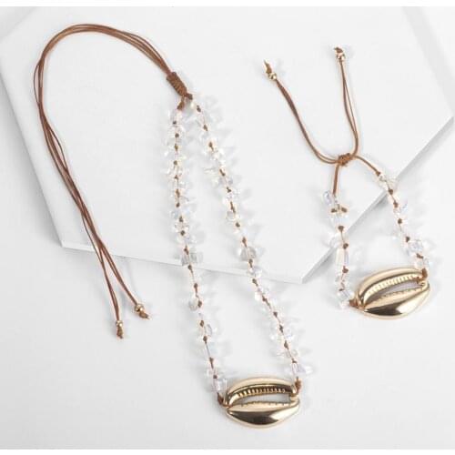 Bohemian Cool Big Shell Charm Necklace Bracelet Set Natural Stone Beaded Handmade Jewelry Set Choker Bracelet for Women 2019