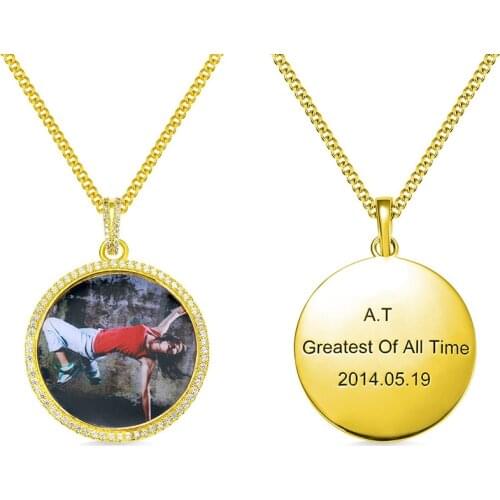 Fashion Custom Made Roundness Solid Back Photo Pendant Necklace With Hip Hop Chain Engraved Cubic Zircon Mens Gift Jewelry