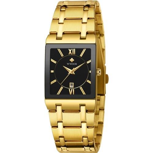 WWOOR Mens Quartz Wristwatches Top Brand Luxury Gold Black Auto Date Waterproof Clock Male Casual Square Watch Relogio Masculino