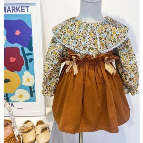 2021 Autumn New Arrival Kids Clothes Girls Lace Collar Floral Print Cotton Blouse + Bow Strap Dress 2PCS Set Children Suit 18M-7