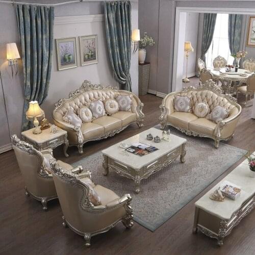 European-style Leather Sofa Combination Luxury Villa Luxury Living Room Size Solid Wood Carved Furniture Sofa