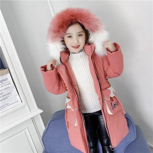 HOT Girls' winter jacket thickened parka 4-13 years Cartoon Embroidered Big Pockets Big Fur Collar Hooded Cotton Jacket 4 colors