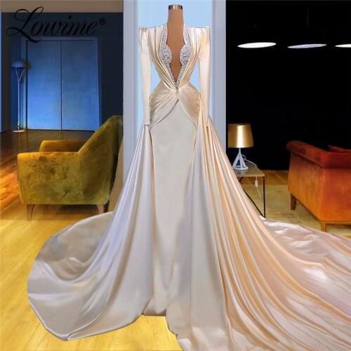 Lowime Dubai Design Ivory Elegant Evening Gown Robe Celebrity Dresses 2021 Long Sleeves Arabic Middle East Party Dress Vestidos