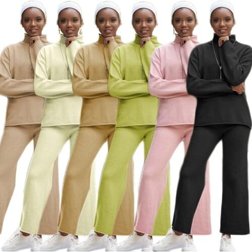 Muslim Women Sweater Two Piece Knitted Wide Leg Pants Set Tracksuit 2020 Spring Autumn Fashion Sweatshirts Sporting Suit Female
