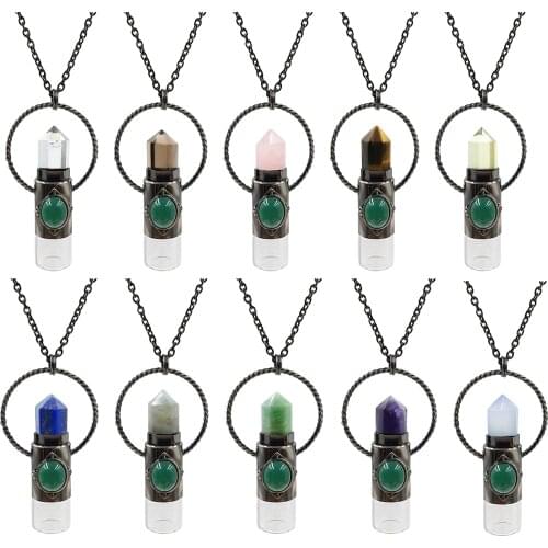 Natural Stone Rollerball Perfume Bottle Crystal Quartz Roll On Diffuser For Women Pendant Vial With Chains Necklce Jewelry