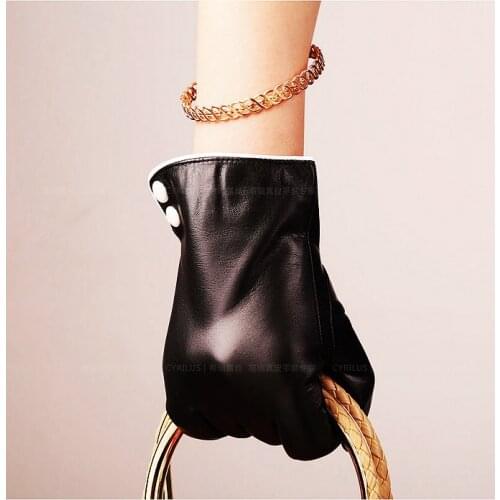 NEW Black Genuine Leather Gloves For Lady With White Botton Fashion Glove S M L XL Free Shipping