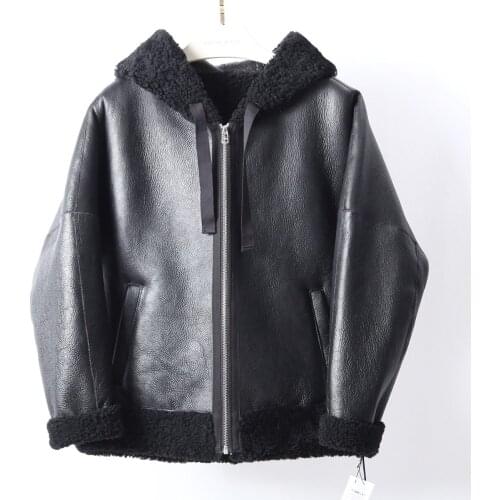 OFTBUY 2021 Double Faced Fur Winter Jacket Women Hood Coat Genuine Leather Natural Merino Sheep Fur Outerwear Fashion Locomotive