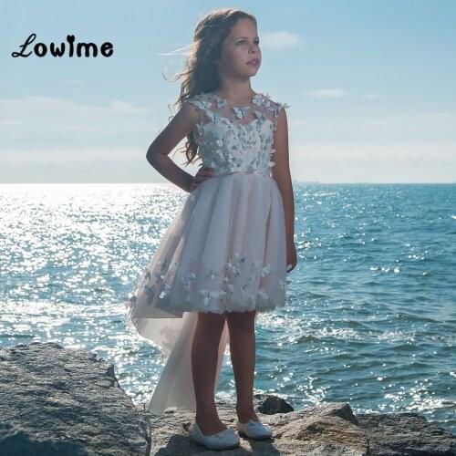 Knee Length Flower Girl Dresses Pink Applique Pageant Dresses Communion Gown For Wedding Custom Made Vestido Infantil Festa 2018