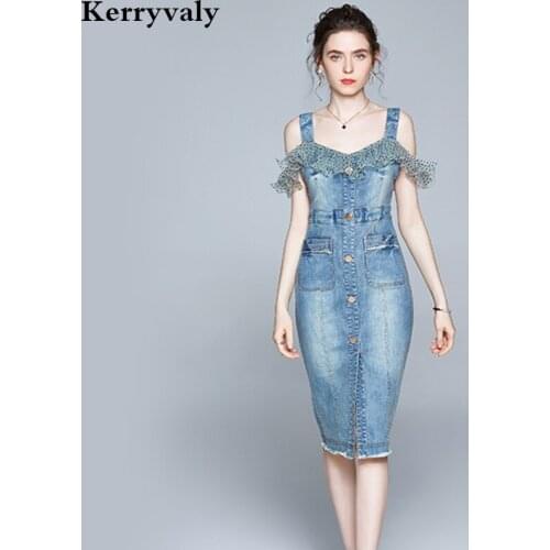 Summer Polka Dot Mesh Ruffle Stitching Denim Strapless Sexy Dress Women Bag Hip Sleeveless High-Waisted Bodycon Dress k3127