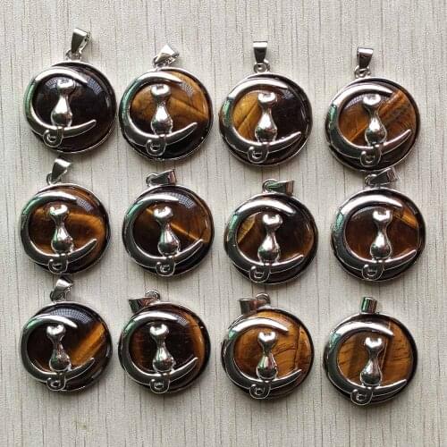 Natural tiger eye stone moon cat metal alloy charms Pendants for necklace jewelry accessories marking wholesale 12pcs/lot