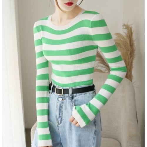 H9503 Stripe Slim Fit Pullover Sweater Women Long Sleeve Knitted Sweaters Girl Student College Style High Quality Jumper Tops