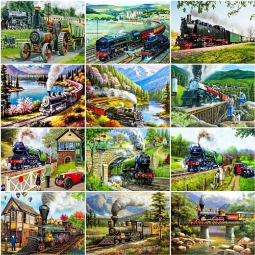 AZQSD DIY Unframe Coloring By Numbers Landscape Oil Painting By Numbers For Adults Train Handpainted Gift Acrylic Paint