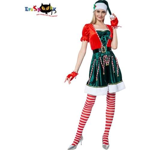 Eraspooky Deluxe New Year Party Santa Claus Cosplay Dress Green Christmas Elf Costume For Women Adult Xmas Hat Stocking