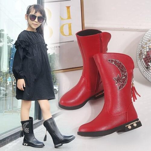 Girls Fringe Boots Princess Mid-calf PU Leather Flat Boots Crystal Cartoon Plush Black Red Pink Childrens Spring Winter Shoes