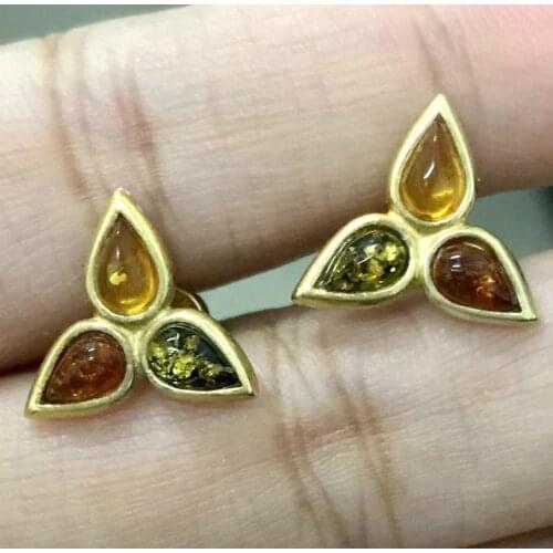 Russia, pure natural ores amber beeswax S925 pure silver plating three color flower pearl popcorn stud earrings