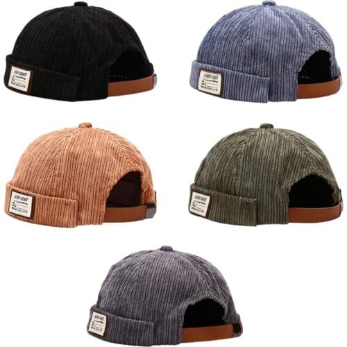 Round Top Cap Brimless Corduroy Unisex Adjustable Hip Hop Beanie Hats with Cloth Sticker & Leather Made Adjusting Strip