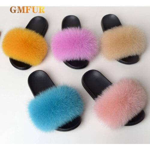 Real Fox Fur Slippers Women Summer Fluffy Furry Slides Girl Home Plush Outdoor Beach Flip Flops Cute Flat House Sandals Ladies