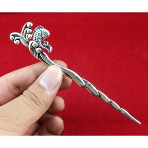 Collectable Chinese Tibet Silver Carved Fish Exquisite Hair Pin Sticks