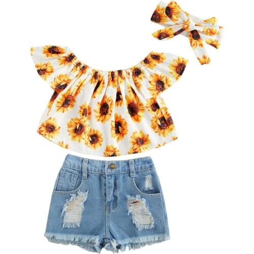 Children Kid Girls Clothing Sets Sunflower Printed Off Shoulder Crop Top Denim Shorts Clothes Summer Fashion 2Pcs Outfit