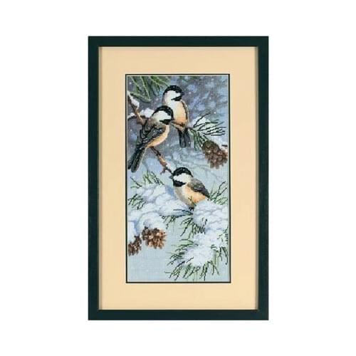 Top Quality Lovely Counted Cross Stitch Kit Chickadees and Pinecones in Winter Snow Birds DIM 13673