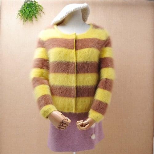 Female women hairy fluffy mink cashmere knitted striped short style loose cardigan angora rabbit hair winter jacket coat sweater