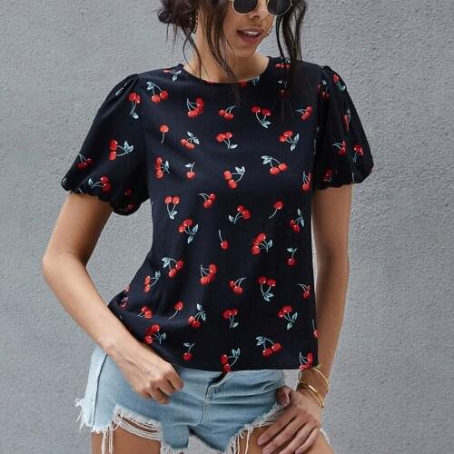 New Cherry Print Black T Shirt Women Summer Fashion O-Neck Short Sleeve Lady Tops 2021 Ladies Casual Style Tee
