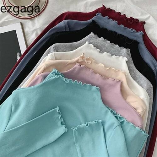 Ezgaga Women T Shirt Ruffles Korean Fashion Ins Style Female Casual Turtleneck T-shirt Long Sleeve All-match Pullover Solid Tops