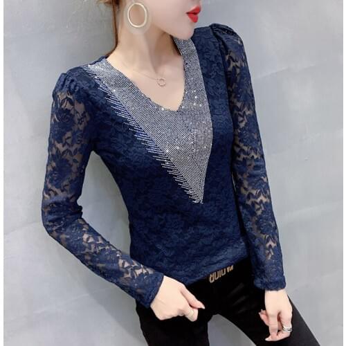 #5810 Blue Red Black Brown Basic Lace T Shirt Women V Neck Diamonds Sexy Hollow Out Womens Tshirt Slim Stretch T Shirt Female