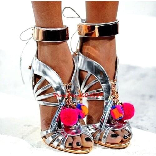 Silver Cut Outs Lace Up High Heeled Gladiator Sandals Women Ankle Wrap Stiletto Heels Summer Fringe Shoes