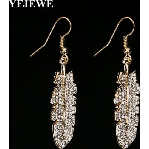 YFJEWE Vintage gold color Crystal Earring Jewelry Fashion Brand Glass Rhinestone leaf Drop Earring Cuffs For Women #E227