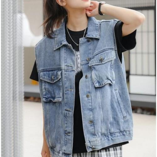 Spring Female Retro Denim Jacket Plus Size Sleeveless Big Pocket Student boyfriend Style Denim Coat Vintage Women Clothing