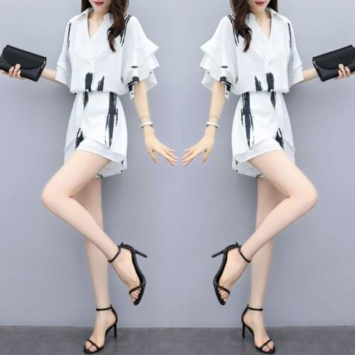 2021 New Summer Women Fashion Suit Ladies V Neck Casual Chiffon Blouse Tops + High Waist Wide Leg Shorts 2 Piece Sets Y275