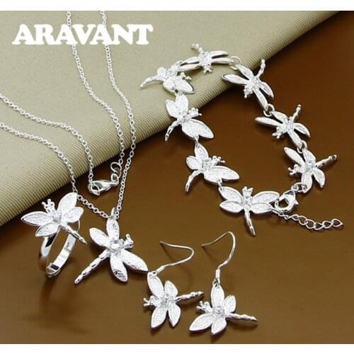 925 Silver Jewelry Sets Dragonfly Pendants Necklaces Bracelets Earrings Rings Set For Women