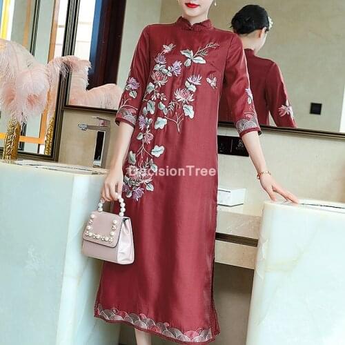 2021 chinese flower embroidery dress for woman vintage oriental chinese qipao cheongsams wedding clothing elegant qipao dress