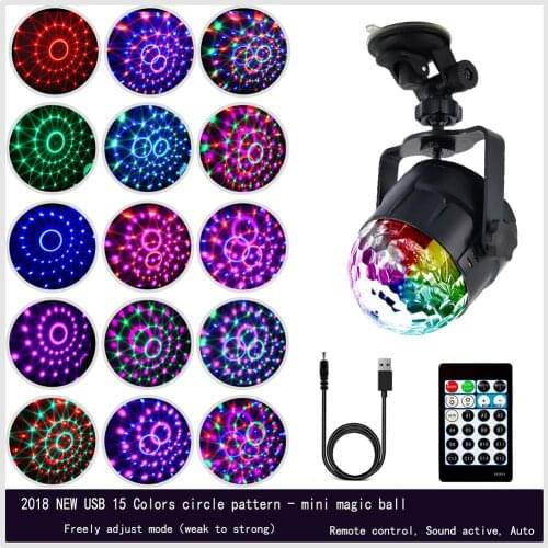 15 Colors LED Magic Effect DJ Disco Ball Sound Activated RGBP Stage Light with Remote Control USB Car KTV Bar Party Lamp
