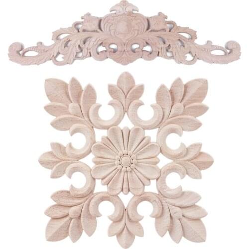 2pcs Rubber Wood Carved Floral Decal Craft Onlay Applique Furniture Diy Decor - 20 x 20Cm & 59 x 17Cm